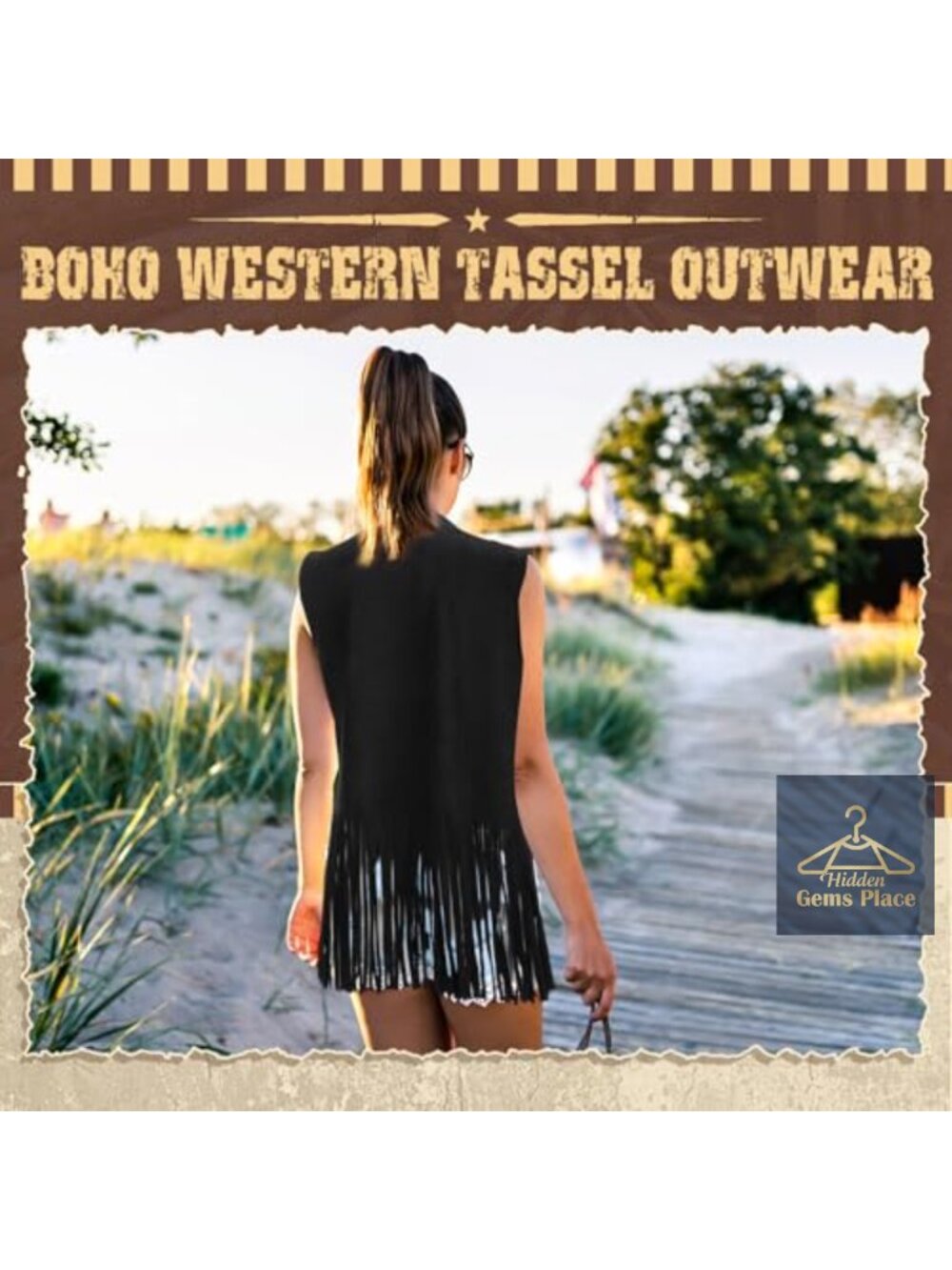 Women's Faux Suede Fringe Vest Sleeveless Tassel Western Cowgirl Jacket - Picture 5 of 6